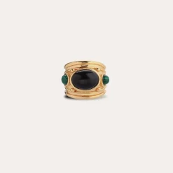 Bague Simone dorée - Basalt noir & Malachite