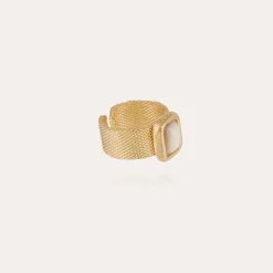 Bague Totem Pierre grand modèle dorée - Nacre blanche
