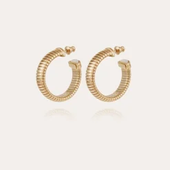 Boucles d'oreilles créoles Antigone cabochons petit modèle dorées - Nacre blanche