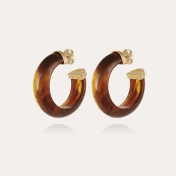 Boucles d'oreilles créoles Abalone acétate dorées - Marron