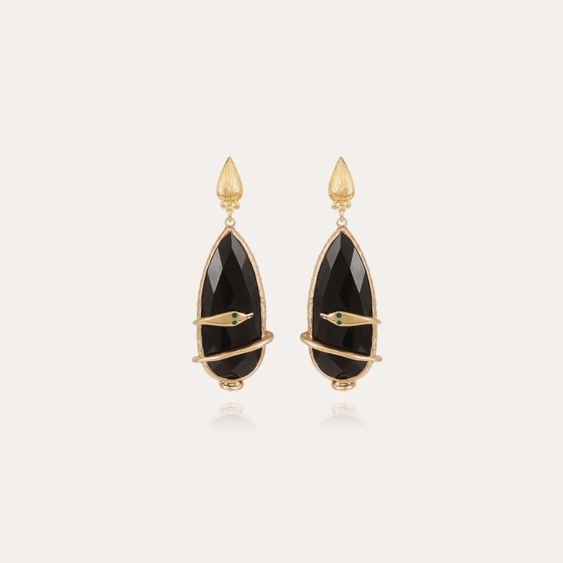 Boucles d'oreilles Serti Goutte Bis dorées - Onyx noir