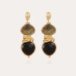 Boucles d'oreilles Sirena petit modèle dorées - Labradorite & Onyx Noir