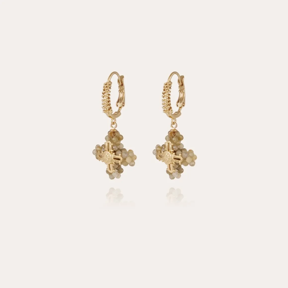 Boucles d'oreilles Tao Croix perles dorées - Aventurine