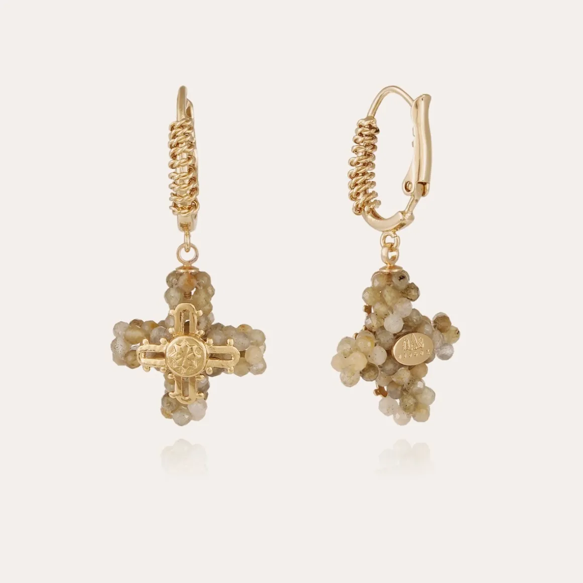 Boucles d'oreilles Tao Croix perles dorées - Aventurine