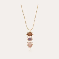 Collier Tiki 3 rangs doré - Bois, Améthyste & Hématoide rouge