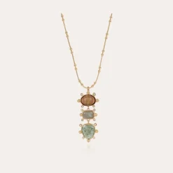 Collier Tiki 3 rangs doré - Bois, Labradorite & Quartz vert
