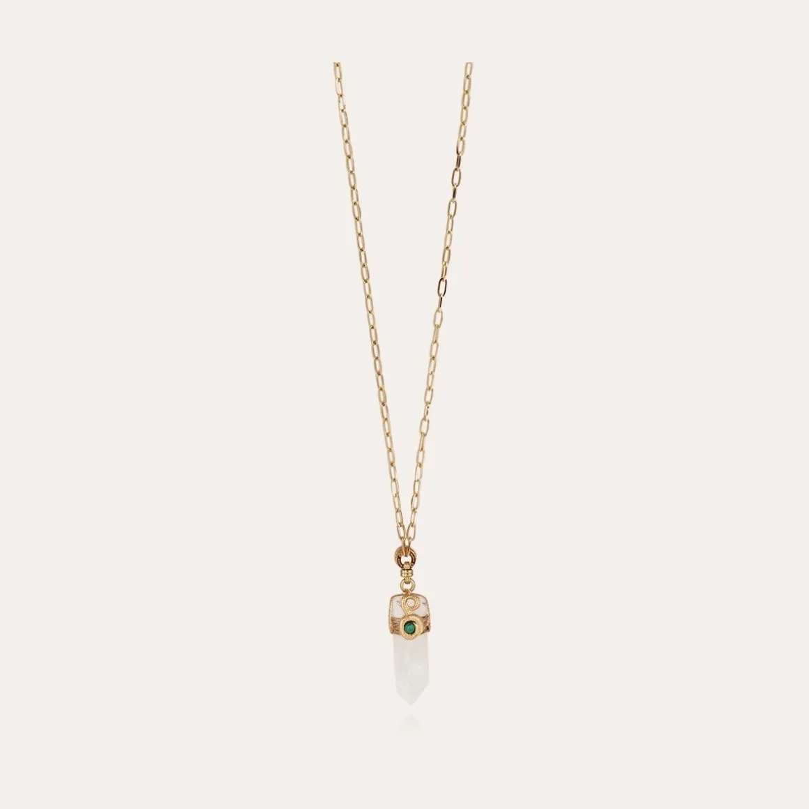 Sautoir Cristal Serti grand modèle doré - Cristal de Roche & Malachite
