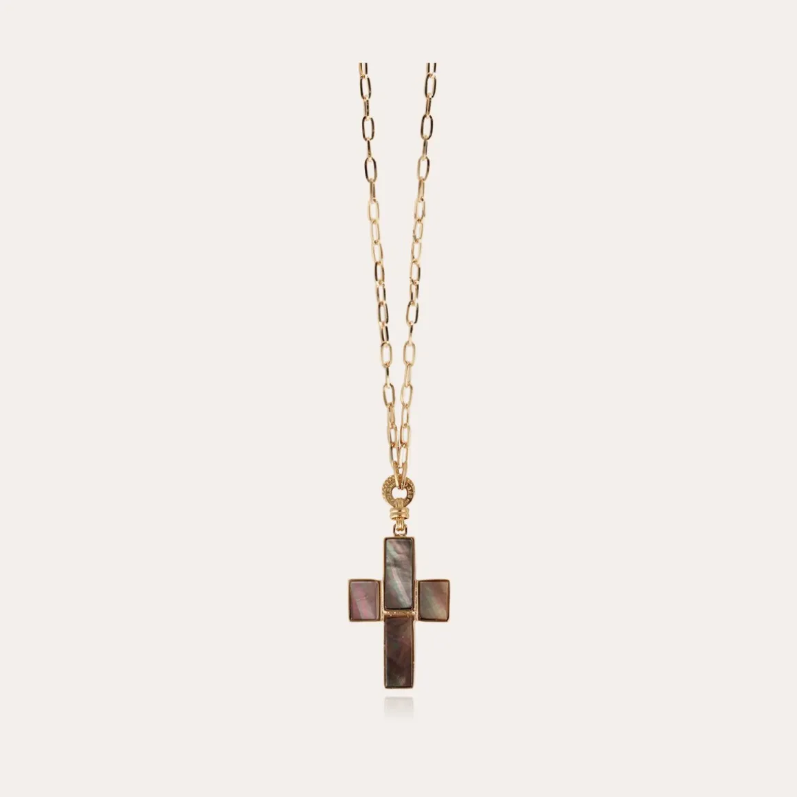 Sautoir Croix Serti doré - Nacre grise