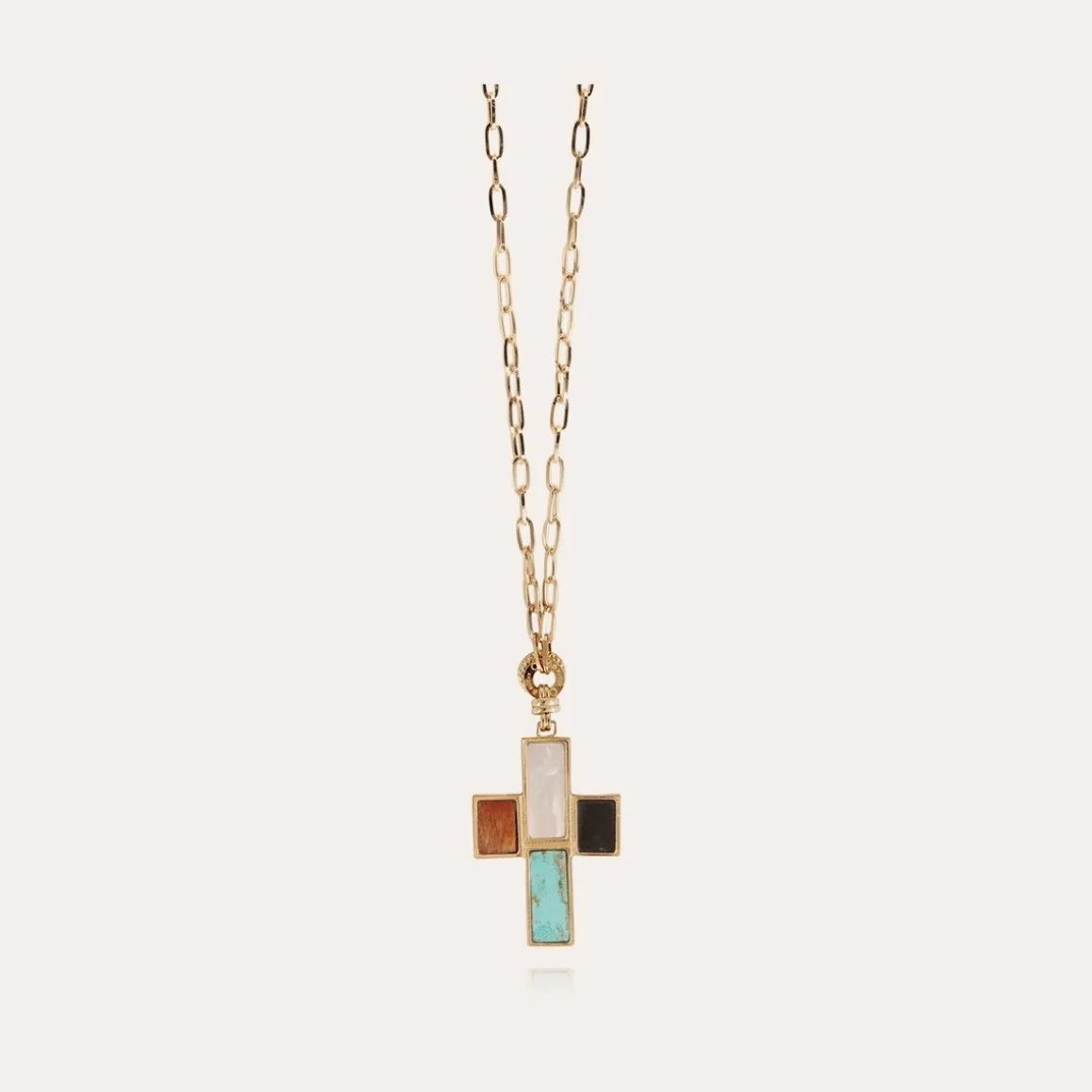 Sautoir Croix Serti doré - Nacre blanche, Turquoise, Cornaline & Onyx noir