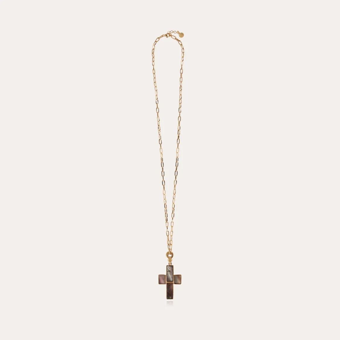 Sautoir Croix Serti doré - Nacre grise
