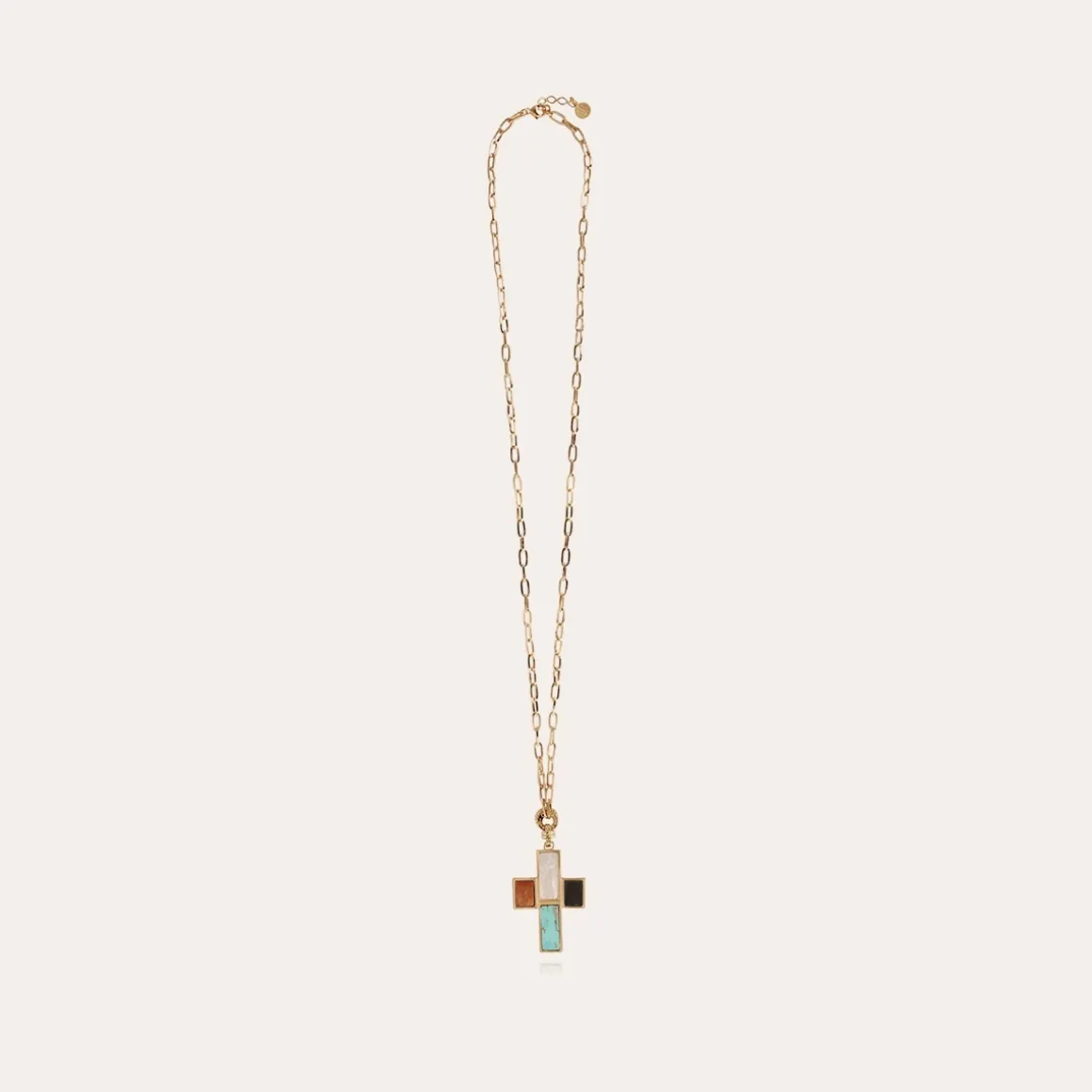 Sautoir Croix Serti doré - Nacre blanche, Turquoise, Cornaline & Onyx noir